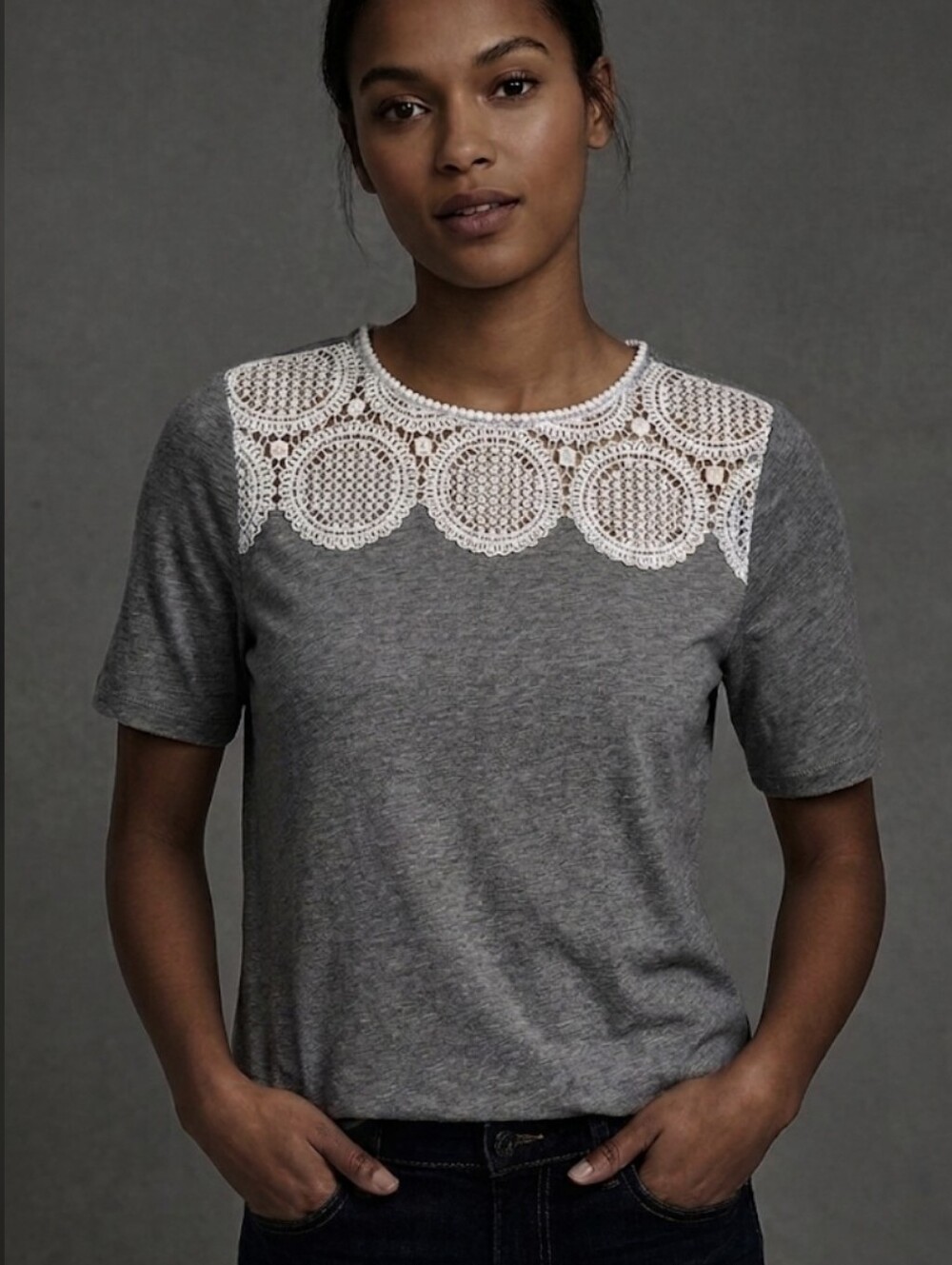 LOFT Grey Crochet Lace Yoke Short Sleeve Tee Shirt NWT Keyhole Size Large